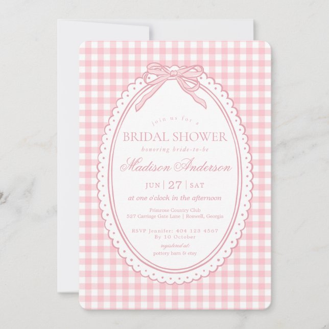 Pink Gingham Coquette Bow Bridal Shower Inbjudningar (Framsida)