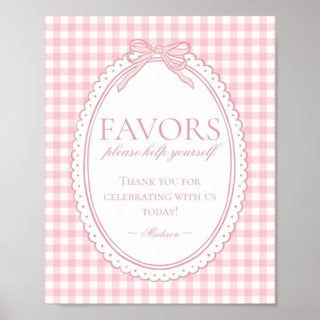 Pink Gingham Coquette Bow Favors Sign Poster (Framsidan)