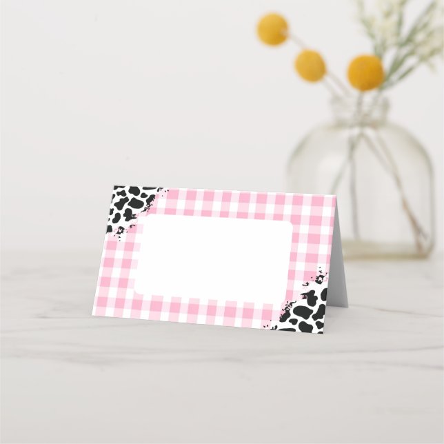 Pink Gingham Cow Print Place Cards Placeringskort (Framsida)