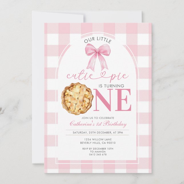 Pink Gingham Cutie Pie First Birthday Invitation Inbjudningar (Framsida)