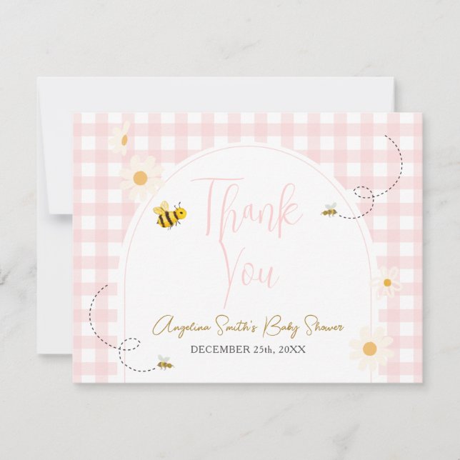 Pink Gingham Daisies Bee Baby Shower Thank You Tack Kort (Framsida)