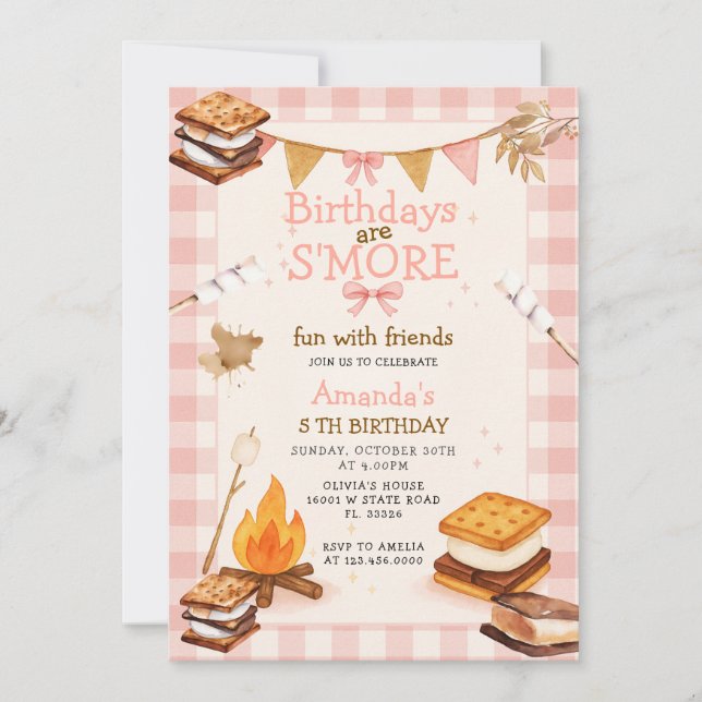 Pink Gingham Fall Camping Bonfire Smores Inbjudningar (Framsida)