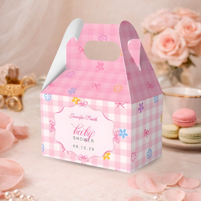 Pink Gingham Floral Bow Baby Shower Favor Boxes Presentaskar (Skapare uppladdad)