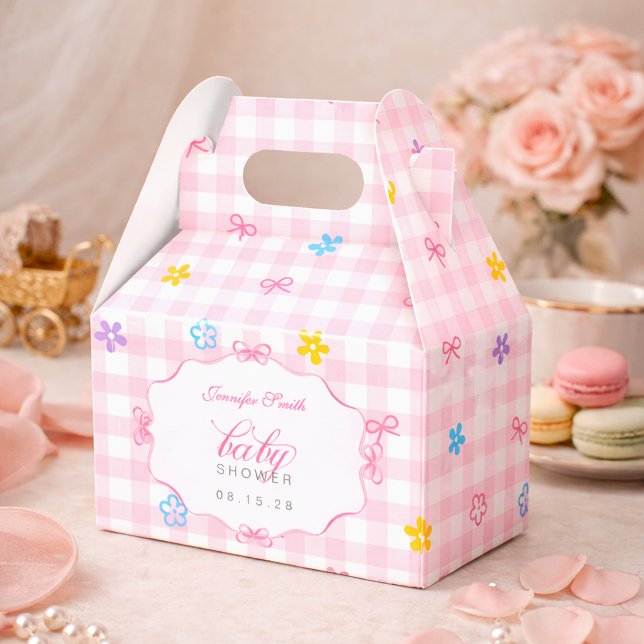 Pink Gingham Floral Bow Baby Shower Favor Boxes Presentaskar (Skapare uppladdad)