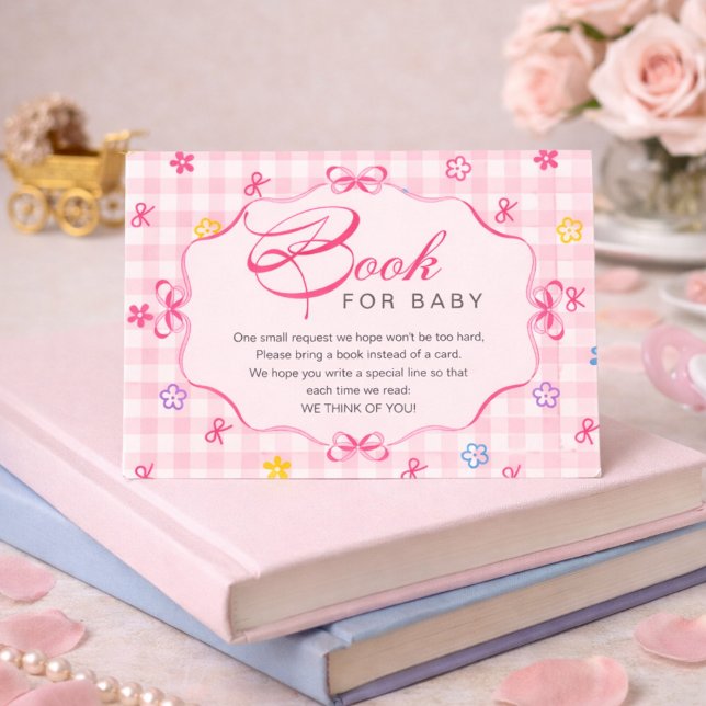 Pink Gingham Floral Bow Book for Baby Insert Card Tilläggskort (Skapare uppladdad)