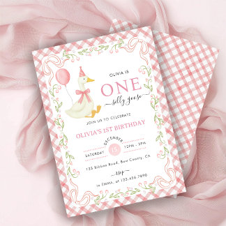 Pink Gingham Floral One Silly Goose 1st Birthday Inbjudningar