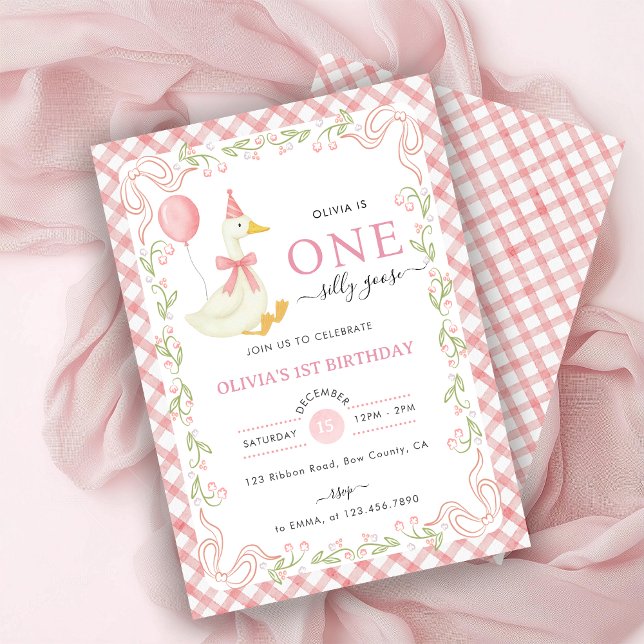 Pink Gingham Floral One Silly Goose 1st Birthday Inbjudningar (Skapare uppladdad)