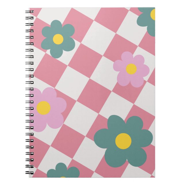 Pink Gingham Floral Pattern – Retro Cute Flower  Anteckningsbok (Framsidan)