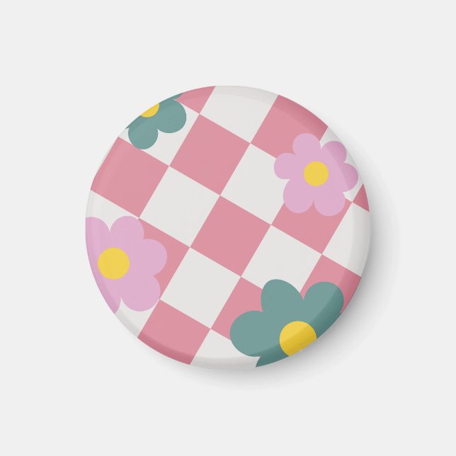 Pink Gingham Floral Pattern – Retro Cute Flower  Magnet (Framsidan)