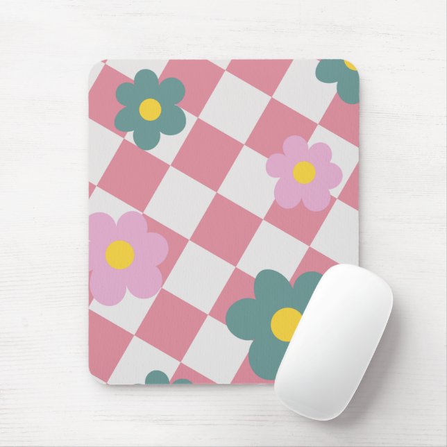 Pink Gingham Floral Pattern – Retro Cute Flower  Musmatta (Med mus)