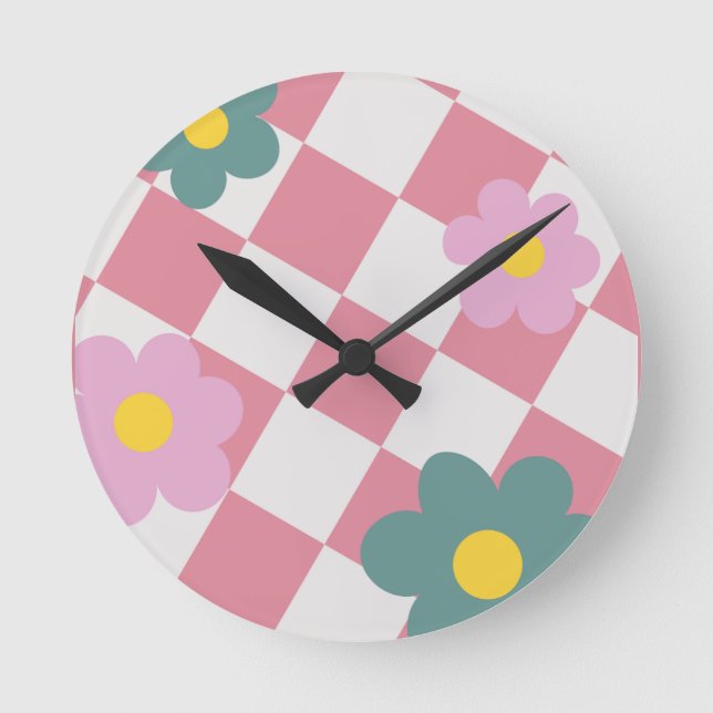 Pink Gingham Floral Pattern – Retro Cute Flower  Rund Klocka (Framsida)