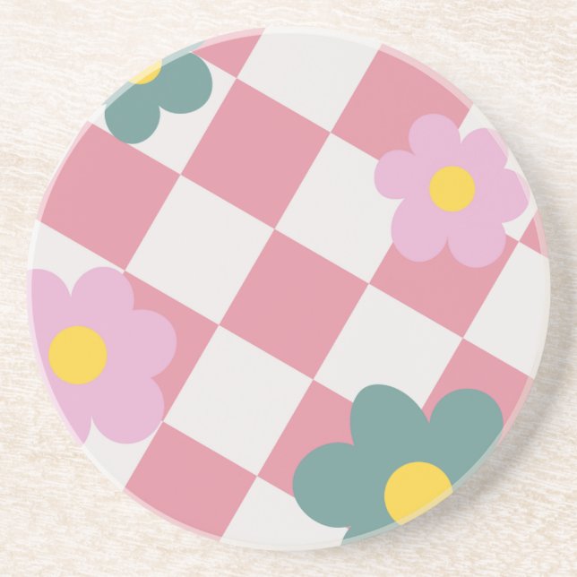 Pink Gingham Floral Pattern – Retro Cute Flower  Underlägg (Framsidan)