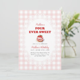 Pink Gingham Four ever Sweet Strawberry Birthday Inbjudningar