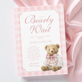 Pink Gingham Girl We Can Bearly Wait Baby Shower Inbjudningar