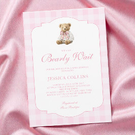 Pink Gingham Girl We Can Bearly Wait Baby Shower Inbjudningar