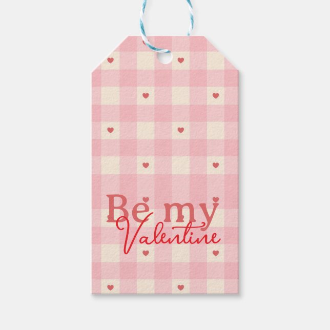 Pink Gingham Hearts Valentine  Presentetikett (Framsidan)