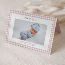 Pink Gingham Pattern Girls Photo Thank You Card