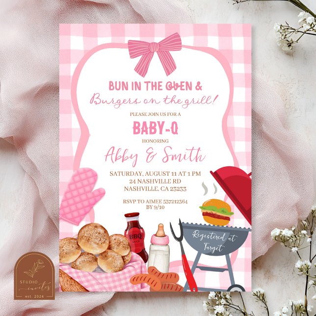 Pink Gingham Plaid BabyQ baby shower Invitation Inbjudningar (Skapare uppladdad)