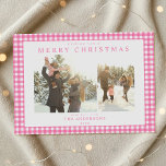 Pink Gingham Plaid Two Photo Julkort<br><div class="desc">Create your own custom photo Christmas cards featuring two of your family pictures alongside personalized minimalist typography name and year on a cute pink gingham plaid pattern background.</div>