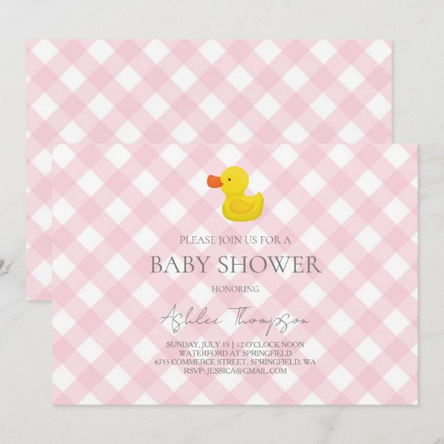 Pink Gingham Rubber Duckie Baby Shower Inbjudningar (Fram/baksida)