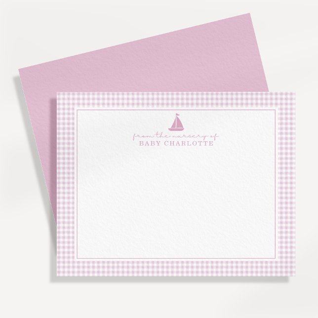 Pink Gingham Sailboat Nursery Note Card Meddelande (Skapare uppladdad)