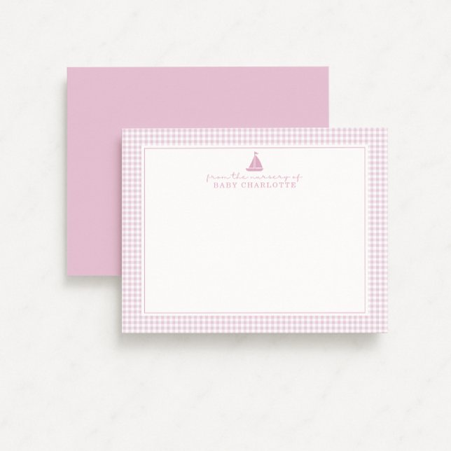 Pink Gingham Sailboat Nursery Note Card Meddelande (Skapare uppladdad)