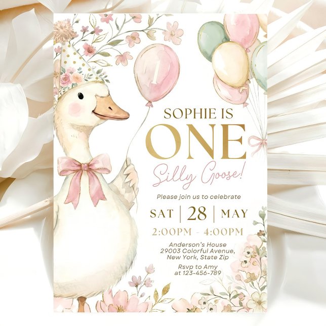 Pink Gingham Silly Goose 1st Birthday Invitation  Inbjudningar (Skapare uppladdad)