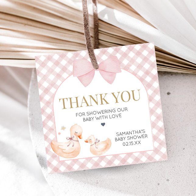 Pink Gingham Silly Goose Baby Shower Gåvor Etiketter (Silly Goose Baby Shower Favor Tags)