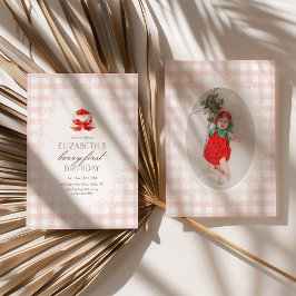 Pink Gingham Strawberry Berry 1st Photo Birthday Inbjudningar