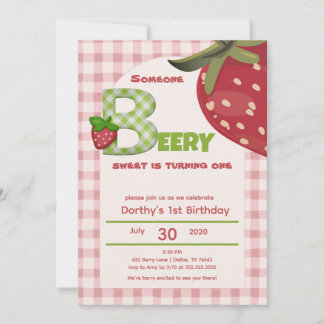 Pink Gingham Strawberry Berry First Birthday  Invi Inbjudningar