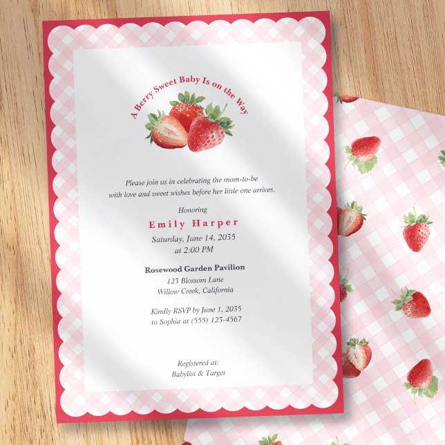 Pink Gingham Strawberry Berry Sweet Baby Shower Inbjudningar (Strawberry-Berry-Sweet Baby Girl Shower Invitation with pink elegant gingham for spring baby shower.)