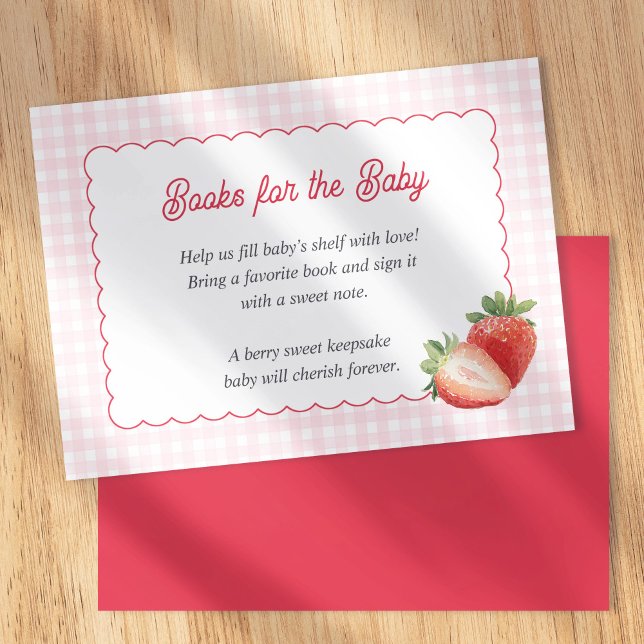 Pink Gingham Strawberry-Books for Baby Cards Tilläggskort (Berry Sweet, Strawberry with pink gingham-Books for baby card. Spring Baby Girl shower insert card.)