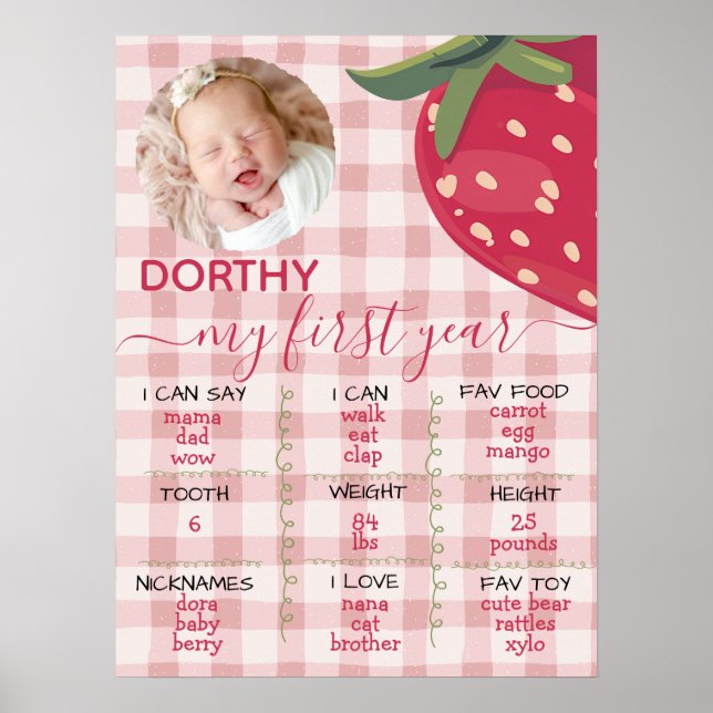 Pink Gingham Strawberry First Birthday Milestone  Poster (Framsidan)