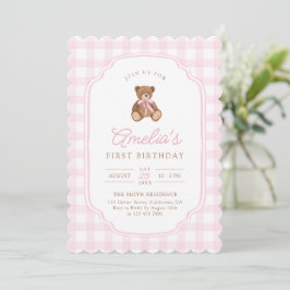 Pink Gingham Teddy Bear Beary First Birthday Inbjudningar