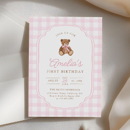 Pink Gingham Teddy Bear Beary First Birthday Inbjudningar