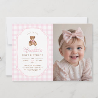 Pink Gingham Teddy Bear Beary First Birthday Photo Inbjudningar