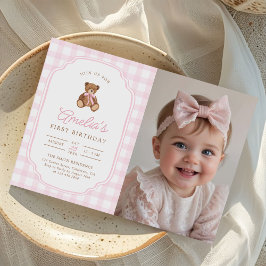 Pink Gingham Teddy Bear Beary First Birthday Photo Inbjudningar