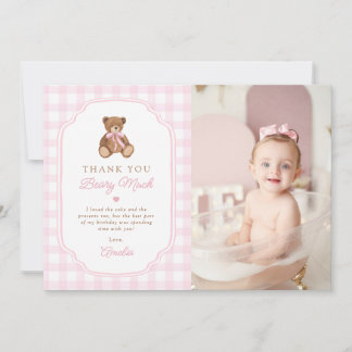 Pink Gingham Teddy Bear Beary First Birthday Photo Tack Kort