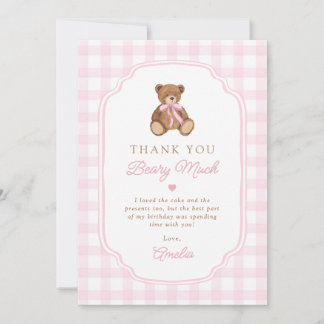 Pink Gingham Teddy Bear Beary First Birthday Tack Kort
