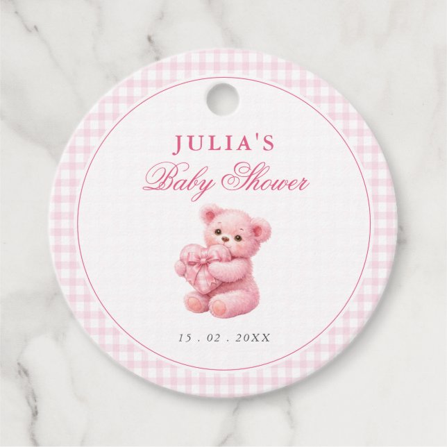 Pink Gingham Teddy Bear Neutral Baby Shower Gåvor Etiketter (Framsida)