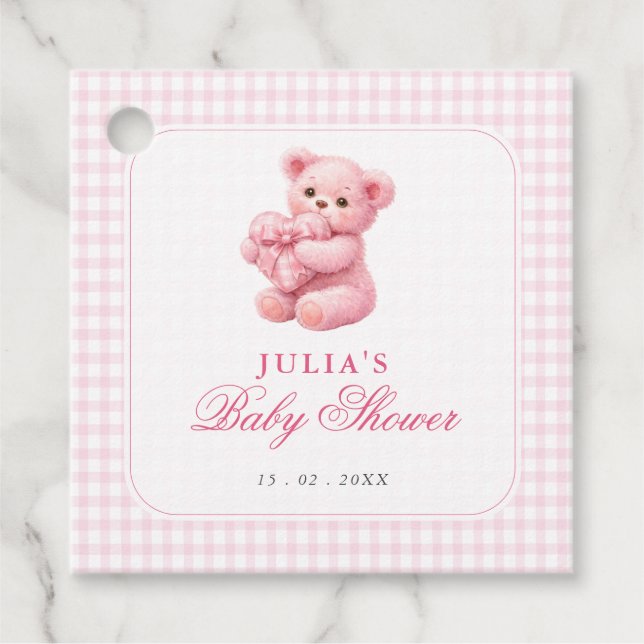 Pink Gingham Teddy Bear Neutral Baby Shower Gåvor Etiketter (Framsida)