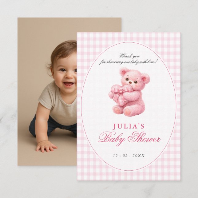 Pink Gingham Teddy Bear Neutral Baby Shower Inbjudningar (Fram/baksida)