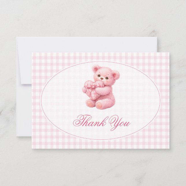 Pink Gingham Teddy Bear Neutral Baby Shower Inbjudningar (Framsida)