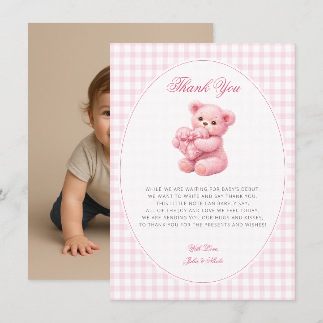 Pink Gingham Teddy Bear Neutral Baby Shower Inbjudningar (Fram/baksida)