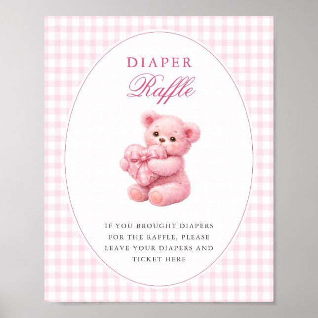 Pink Gingham Teddy Bear Neutral Baby Shower Poster (Framsidan)