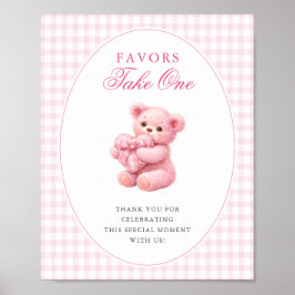 Pink Gingham Teddy Bear Neutral Baby Shower Poster