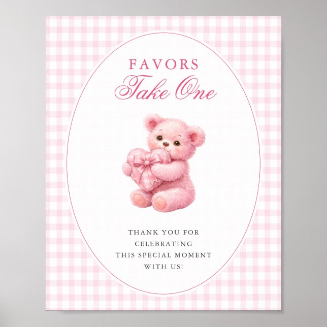 Pink Gingham Teddy Bear Neutral Baby Shower Poster (Framsidan)