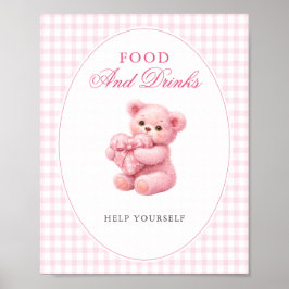 Pink Gingham Teddy Bear Neutral Baby Shower Poster
