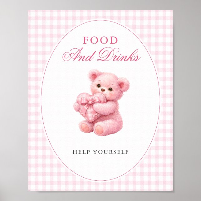 Pink Gingham Teddy Bear Neutral Baby Shower Poster (Framsidan)