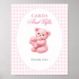 Pink Gingham Teddy Bear Neutral Baby Shower Poster